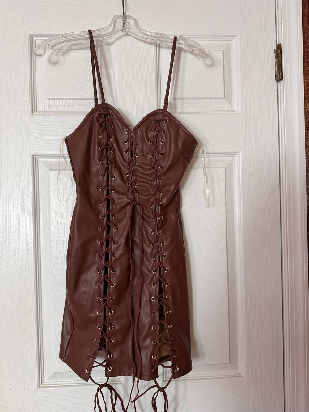 Brown Lace-Up Faux Leather Mini Dress